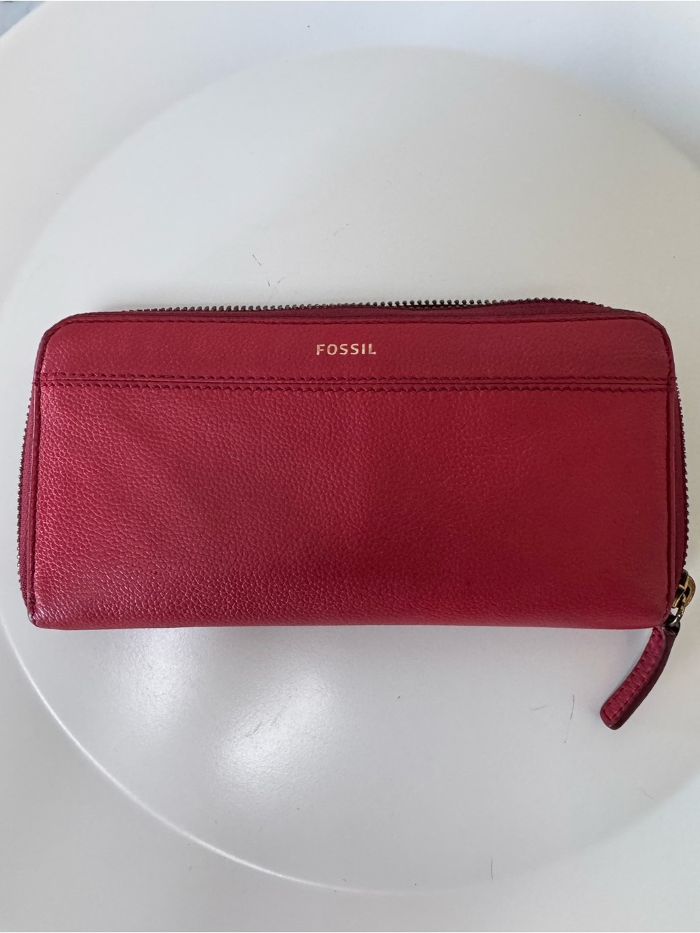 Fossil Red Leather Zip Wallet with Gold Logo